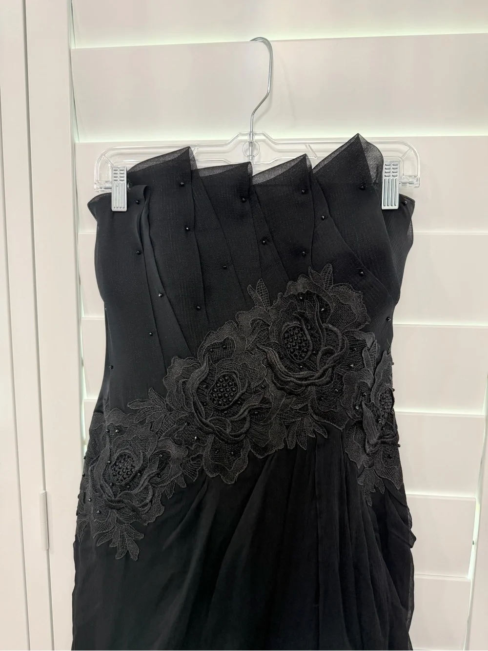 Black Strapless Floral Appliqué Evening Gown